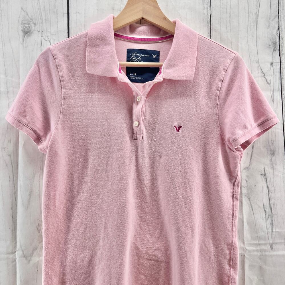 American Eagle LARGE Y2K Women's Pink Polo Barbiecore Shirt Short Sleeve Top - Picture 3 of 7